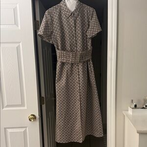 Elegant Chocolate Brown and White Patterned Dress with cinched waistband